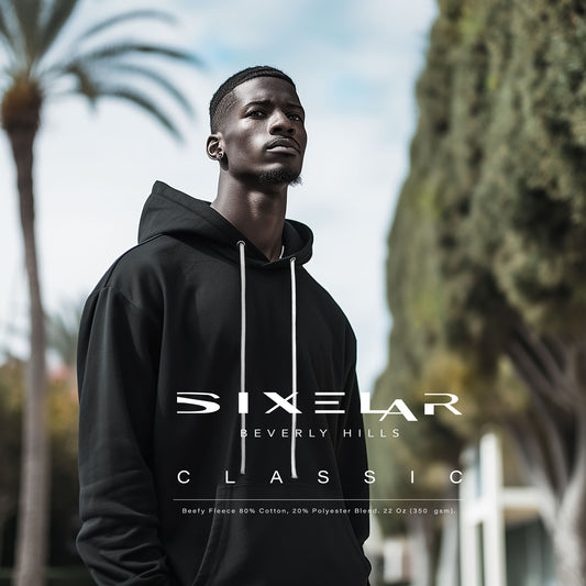 Unveiling the Perfect Made-in-USA Luxury T-shirt Blanks for Streetwear Icons by Sixelar Model wearing the Sixelar eavyweight classic hoodie