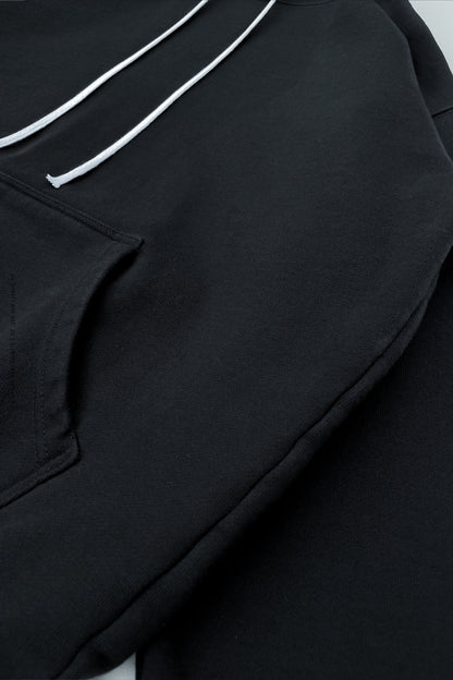 Sixelar Classic Heavyweight Black Blank Hoodie white cords blank detail 